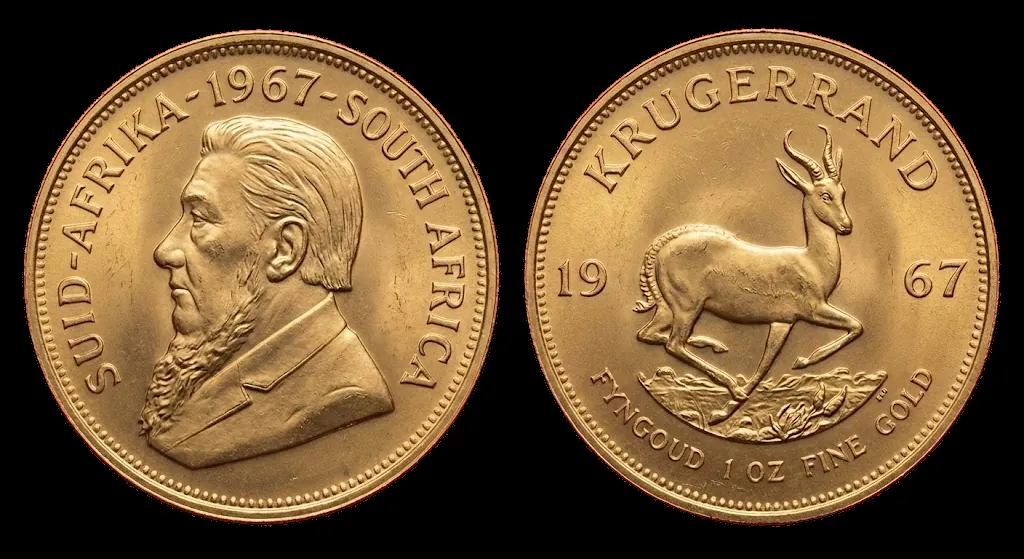 Krugerrand d'oro 1967: dritto con Paul Kruger e rovescio con lo springbok
