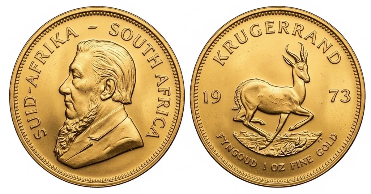 Krugerrand d'oro 1973: dritto con Paul Kruger e rovescio con lo springbok