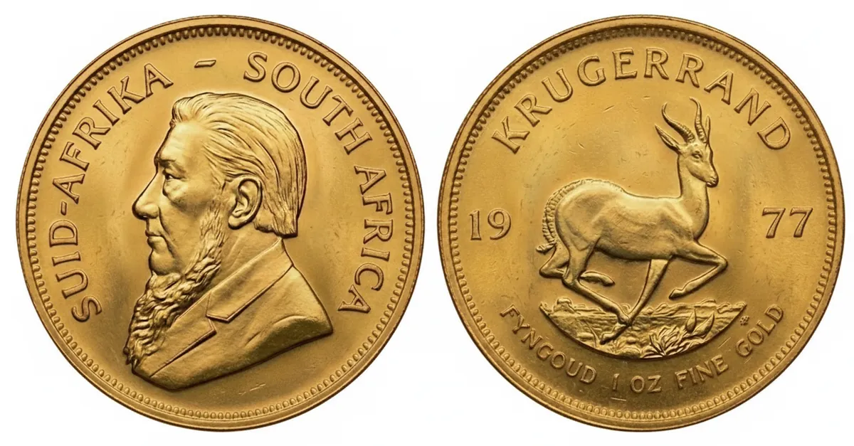 Krugerrand d'oro 1977: dritto con Paul Kruger e rovescio con lo springbok