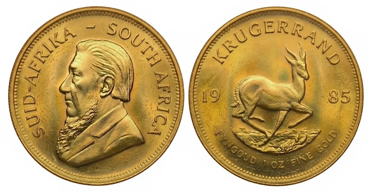 Krugerrand d'oro 1985: dritto con Paul Kruger e rovescio con lo springbok